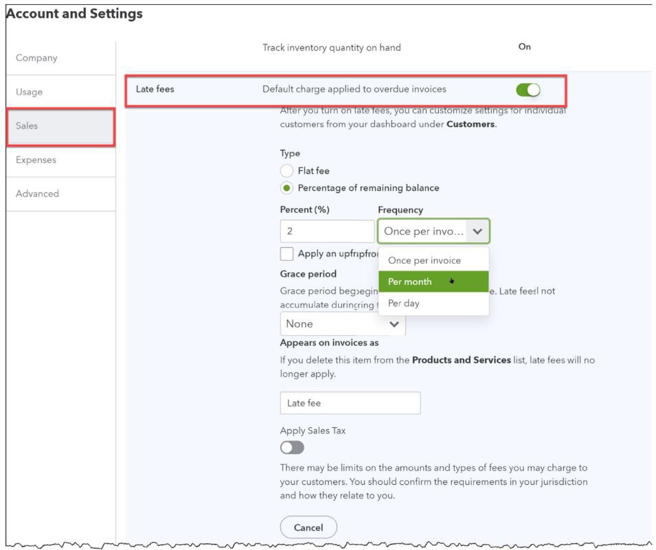 Figure 5-46 Add Late Fees to overdue invoices automatically.