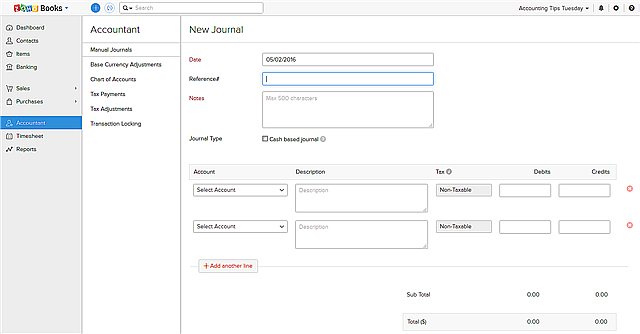 Zoho New Journal entry