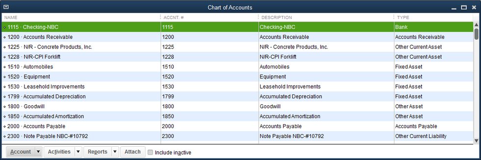 Chart of Accounts list window
